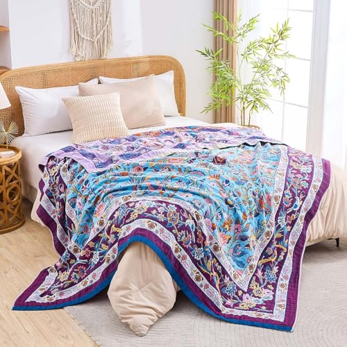 Image of XIBLC Fall Blanket for Bed, 100% Cotton Soft Rustic Boho Throw Blanket Quilt, 60 inchx80 inch Farmhouse Decor Bed Flower Blankets, Light Weight Reversible Bohemian Throw Quilt