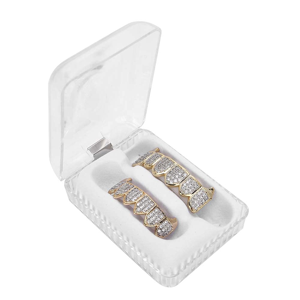 SaluaquiSaluaqui Diamond Gold Teeth, Gold Silver Teeth Grillz, Gold Plated Hip Hop Teeth Grillz, Hip Hop Punk Teeth Grillz with Custom Fit, Removable Caps Top and Bottom, Glittering