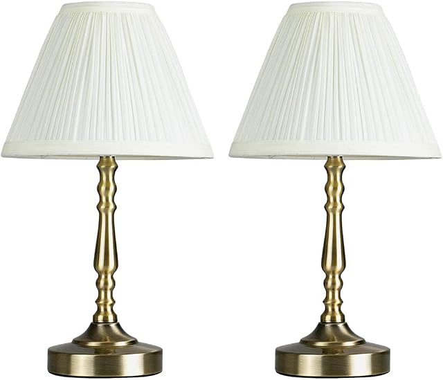 MiniSun Pair of Vintage Antique Brass Touch Table Lamps with a Pleated Cream Shade