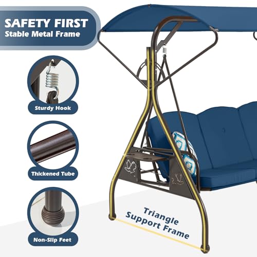 Image of ZZW 800LBS Patio Swing with Canopy 3 Seat Outdoor Porch Swing with Stand w /Cup Holder & Pillow Glider Chair Swing Bed for Patio Backyard Poolside (Blue)