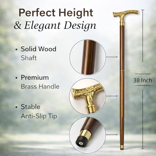Image of ITOS365 Premium Wooden Walking Stick for Men & Women | Detachable 3-Piece Cane with Brass Designer Handle | Travel-Friendly Support Stick with Anti-Slip Rubber Tip