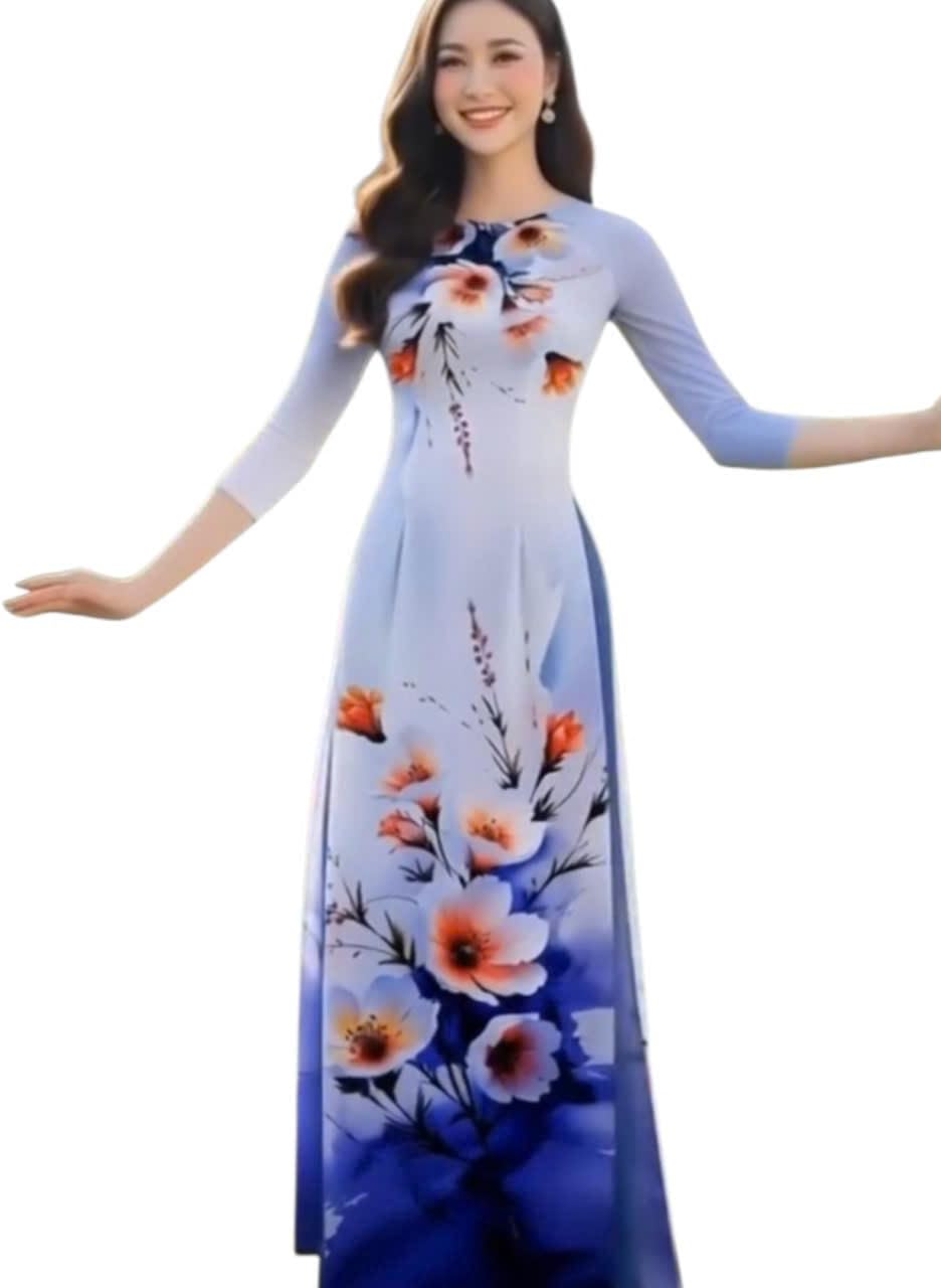 Traditional Vietnamese Women's Ao Dai, 4D Floral Print, 3/4 Sleeve, Ao Dai and Pants