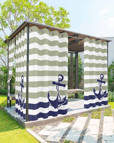 Waterproof Outdoor Curtains for Patio Porch, Nautical Anchor Watercolor Stripe Grommet Curtain Panel Windproof Outside Curtains Tieback, Retro Navy Blue Line Weighted Window Treatment Drapes
