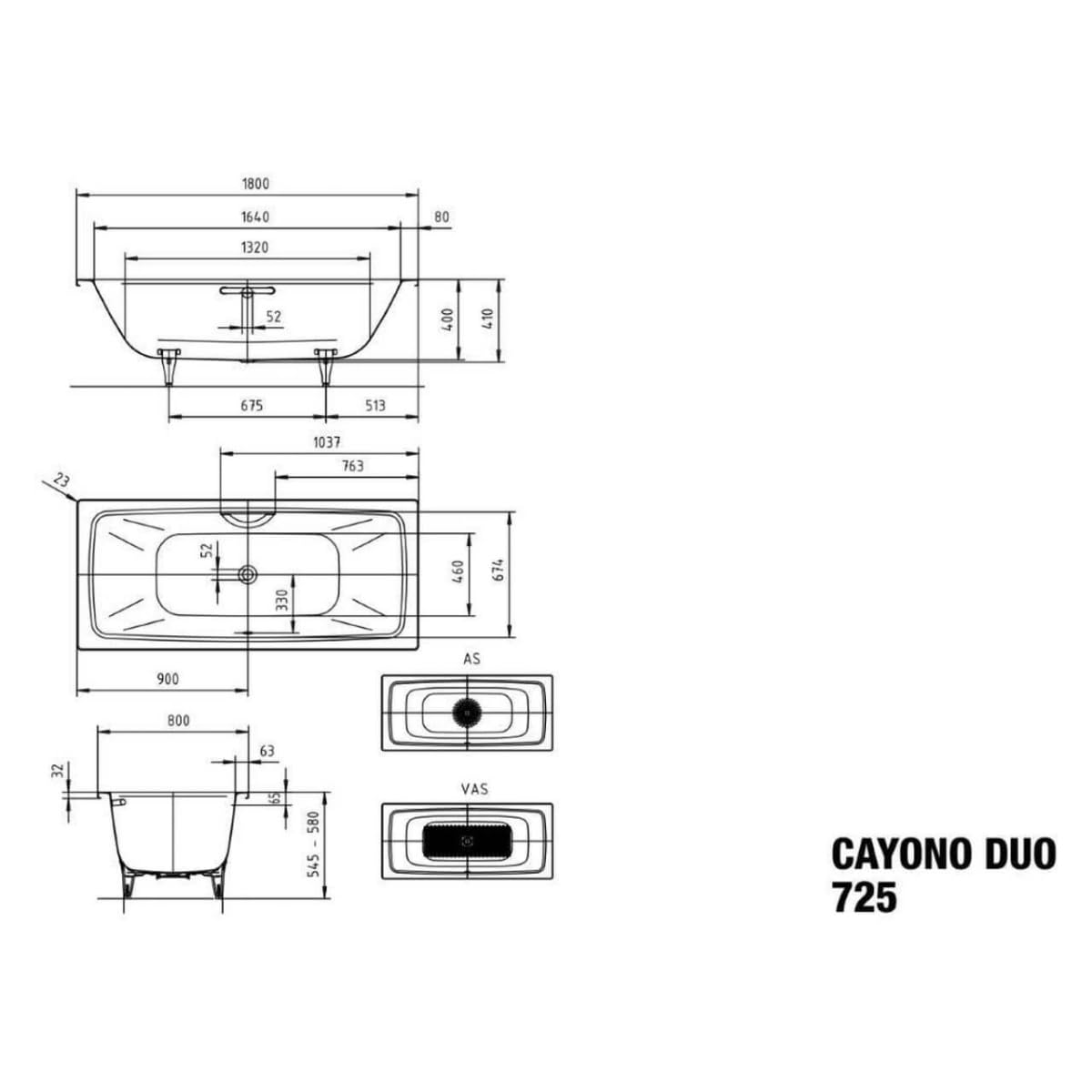 Kaldewei Cayono Duo 725 - Vasca da bagno 180 x 80 x 40 cm, colore: Bianco alpino