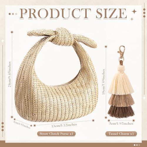Image of Abbylike Knotted Straw Clutch Purse with Tassels Summer Beach Bag Bow Dumpling Evening Handbag for Women Beach Party Travel