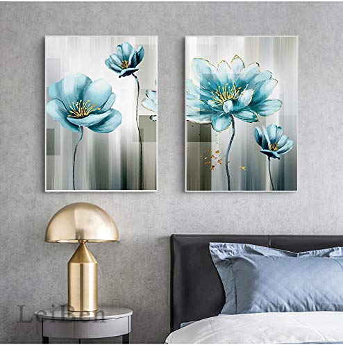 Abstracte Blauwe Bloem Canvas Schilderij Moderne babyblauw Wall Art Foto voor Woonkamer Goud Print Salon Decoraties… - Image 3