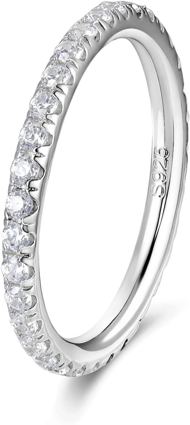 D Color VVS1 Clarity Moissanite Hand Setting Eternity Rings for Women, Solid 925 Sterling Silver Rhodium Finish, Aniversary Ring, Size4-11, Stackable Ring