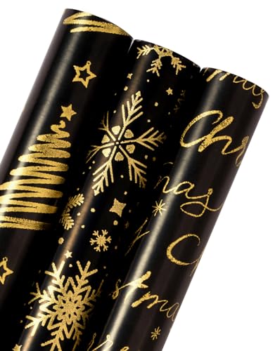 WRAPAHOLIC Black Gold Christmas Wrapping Paper - Mini Rolls, 3 Rolls, 17 x 120 Inch Per Roll - Snowflake, Merry Christmas Design for Holidays