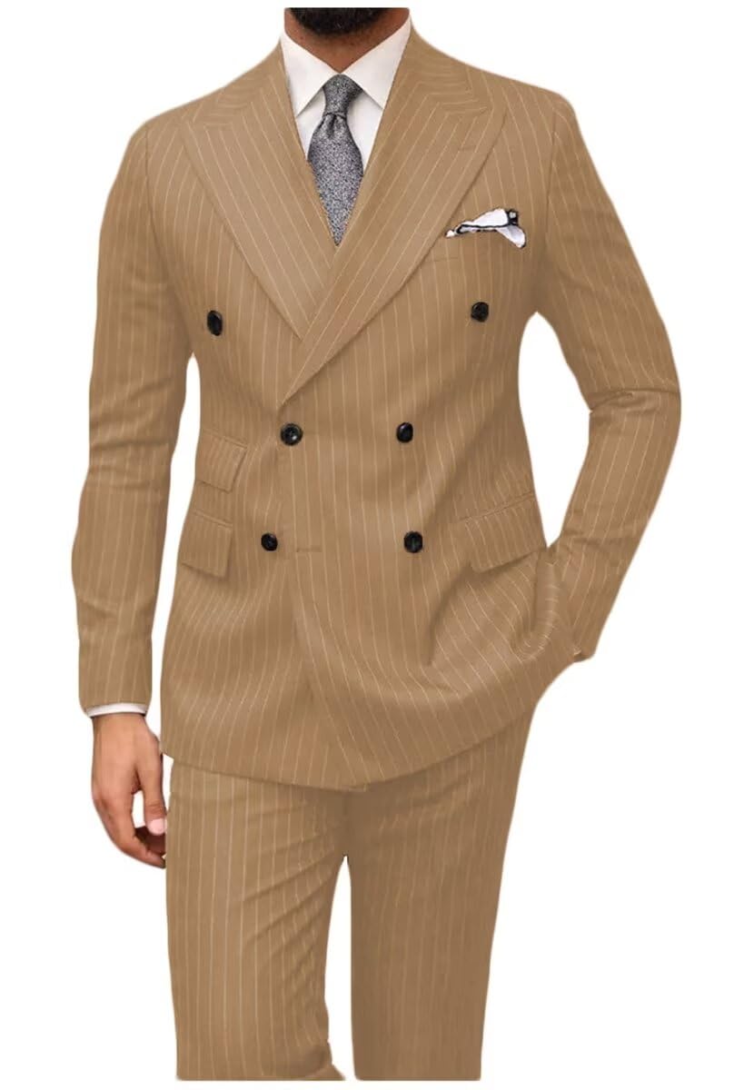 Mens 2 Piece Double Breasted Suit Stripe Slim Fit Formal Wedding Prom Tuxedo Suits Blazer Pants Set UOU68