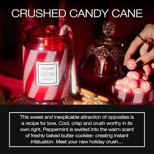 Image of Voluspa Crushed Candy Cane, Large Candle Jar, 18 oz, 100 Hour Burn Time, Coconut Wax for Clean Burning, Handcrafted in the USA