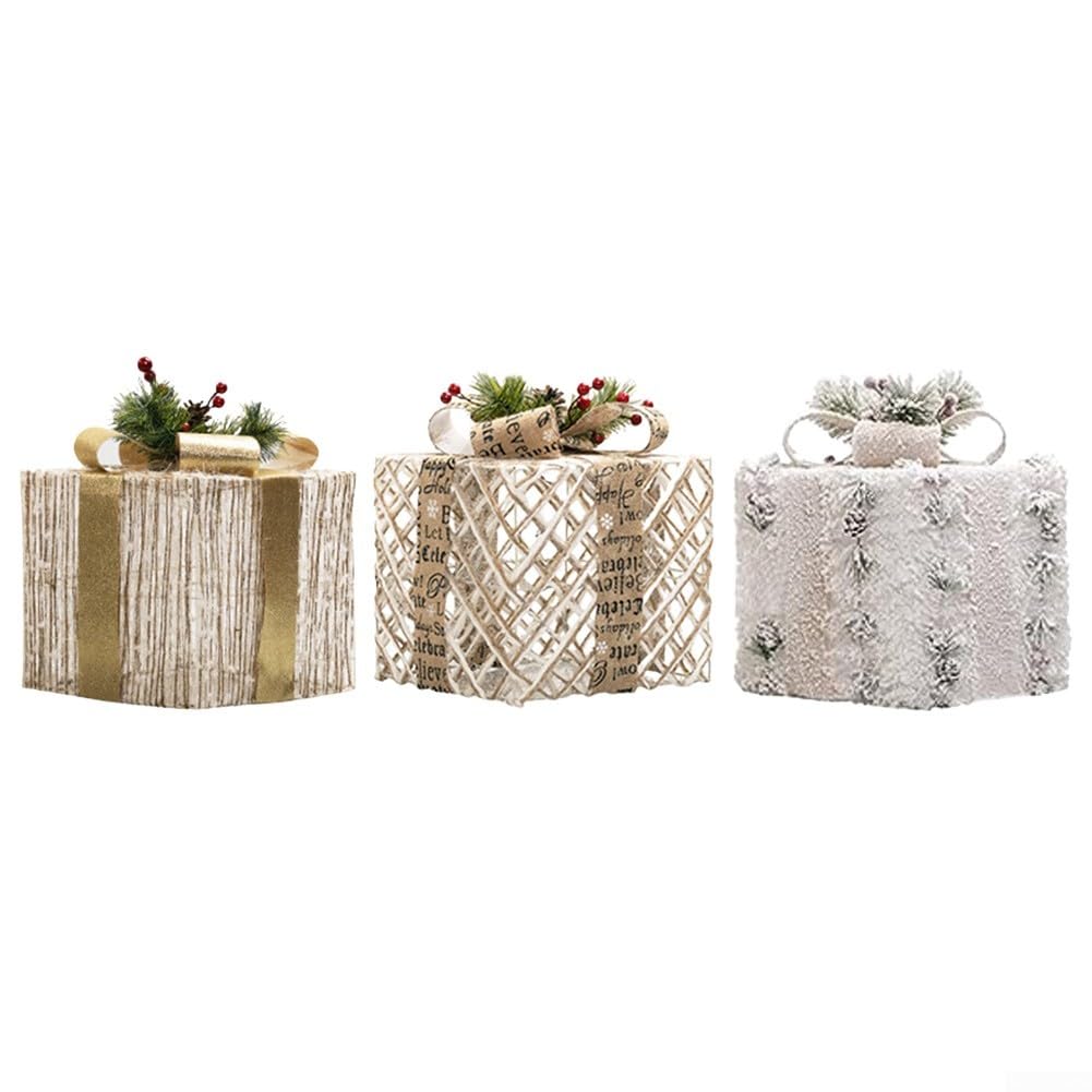 Scatole natalizie luminose in tre pezzi, con copertura in peluche e fiocco argentato per feste in casa e giardino (bianco curry)