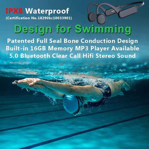 IHAO Swimming Headphones True Bone Conduction Open Ear Headset MP3 Player Built-in 16G Memory IP68 Underwater Waterproof Stereo Bluetooth Earphone for Driving Bicycling Running Skiing-Black