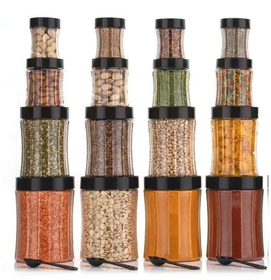 Image of Black Olive Storage Organizer Container Set - Transparent Jar Set for Kitchen with Lids & Spoons, 1200ml, 650ml, 350ml & 250ml Dabba Box for Spices, Snacks, Grocery & Dry Fruits (Black, 16pc)