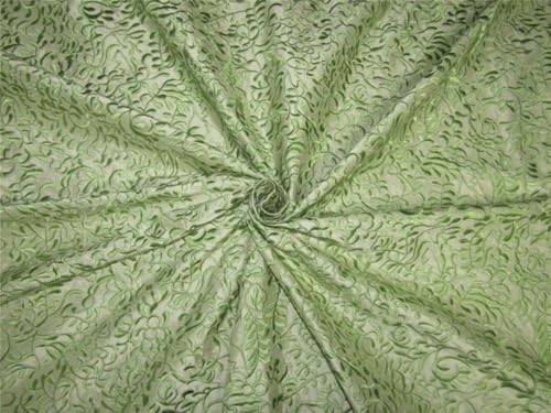 Tissu Dupion 100 % soie broderie vert pistache au mètre grande largeur 137,2 cm DUP E55