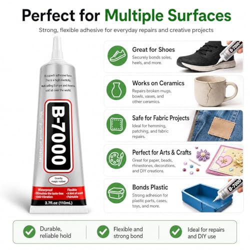 Image of B-7000 Multi-Purpose Adhesive Glue (50ML / 1.68 fl. oz) - Clear Liquid Glue Ideal for Crystal Crafts, Jewelry, Beads, Clothing, Shoes, Fabrics, Screen Repair, Metal, Stone & Glass