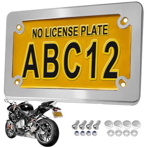Image of BGGTMO Motorcycle License Plate Frame, Chrome Stainless Steel Tag Holder for Bike Moto Moped Motorbike Scooter, Cool Silver Metal Bracket with Screws Nuts Caps, 1 Pack