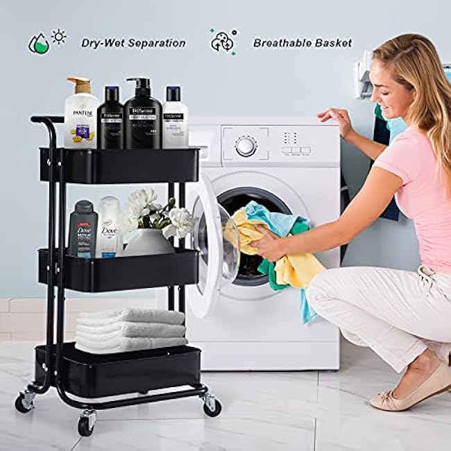 Simple Deluxe 3-Tier Metal Rolling Utility Cart, Heavy Duty Craft Cart with Wheels and Handle, Black-9ZA1Mrzv