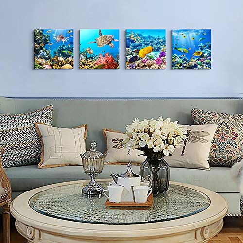 Image of Bathroom Wall Decor Canvas Wall Art For Living Room Office Decor Modern Bedroom Home Decor 4 Panels Stretched And Framed Ready To Hang Blue Ocean Theme Sea Fish And Sea Turtles Undersea World Draw
