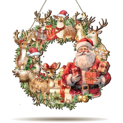 Vintage Christmas Wreath for Front Door Sign 12 Inch Wooden