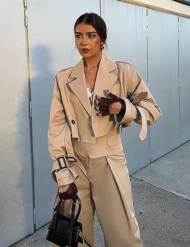 Faleave Khaki XS Women's Cropped Trench Jacket with Long Sleeves and Belt - Image 6