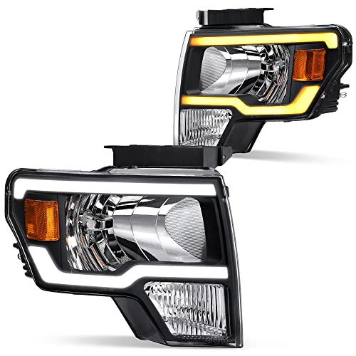 DWVO Headlights Assembly Compatible with 2009 2010 2011 2012 2013 2014 Ford F150 Headlamp with Switchback Led Tube DRL Replacement Pair Driver and Passenger Side Black Housing Amber Reflector