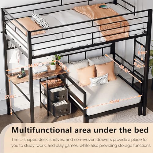 Image of VINGLI Twin Over Twin Bunk Bed with Desk, 15'' Extra High Guardrail Loft Bed with LED Lights,2 Charging Station,and 2 Storage Drawers,2 Deckers Bed,Metal Space Saving Platform Bed with Vanity,Black