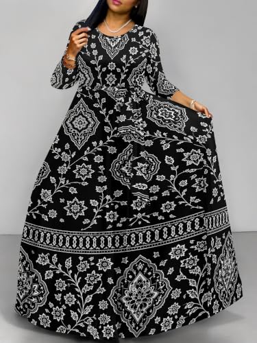 Image of Women Plus Size Long Sleeve V Neck Maxi Dress with Belt | Soft fabric relaxed fit three quarter sleeve v neck with pockets for party and daily wear