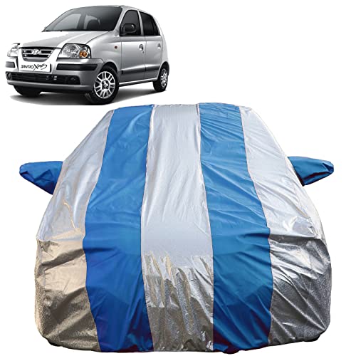 Image of Autofact Waterproof Car Body Cover Compatible with Hyundai Santro Xing (2003 to 2018) with Mirror Pockets (Blue Stripes with Shinning Silver Fabric /Waterproof Cover)