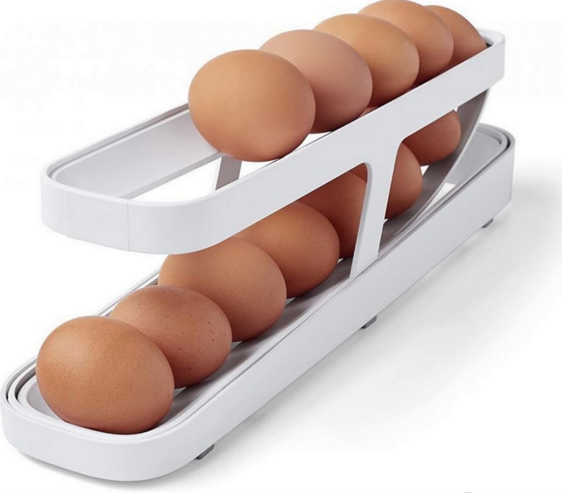 Anso White Rolldown Refrigerator Egg Dispenser Rolling Egg Holder 2 Tier Storage Rack Home (White)