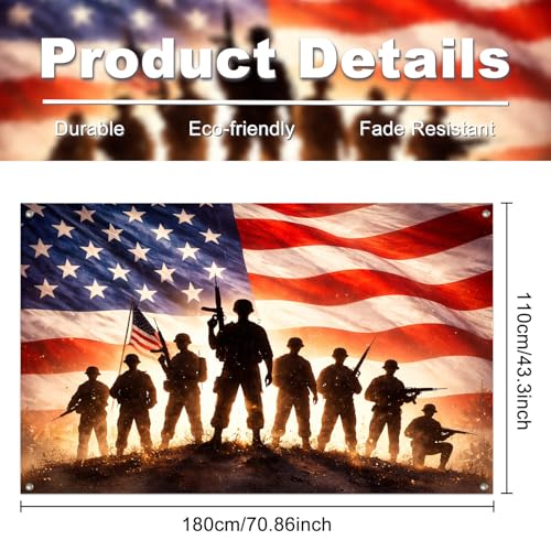 Image of IVN Patriotic Soldier Banner 71x43 Inch American Flag Military Troops 4th