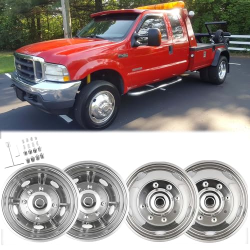 Image of 4X 19.5 Bolt On Wheel Simulators Compatible with Ford 1999-2004 F450 F550, 8 Lug Front Rear Dually Hub Caps Skins Liners Rim Covers Stainless Steel Polished with Installation Tool Kit C19F8