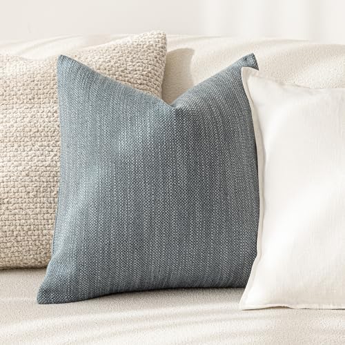Image of Foindtower Set of 2 Decorative Textured Burlap Linen Throw Pillow Covers Farmhouse Boho Cushion Cover Solid Accent Pillowcase for Couch Sofa Bed Living Room Home Decor,18x18 Inch,Blue Gray