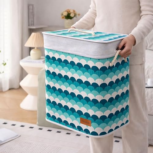 Image of Amazon Brand - Umi Rectangle Bamboo Laundry Basket for Clothes with Lid Wave Printed Hamper | Eco-Friendly, Foldable & Lightweight Organizer (Blue, 40x30x50 cm, Pack of 1)