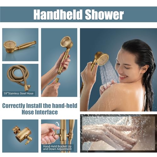 Aolemi Sistema de ducha expuesto con ducha de mano y llenador de bañera en latón antiguo | Llenador giratorio para bañera, cabezal de ducha de 8 pulgadas, con rociador de mano, manijas cruzadas dobles, altura ajustable, montaje en pared miniatura 7