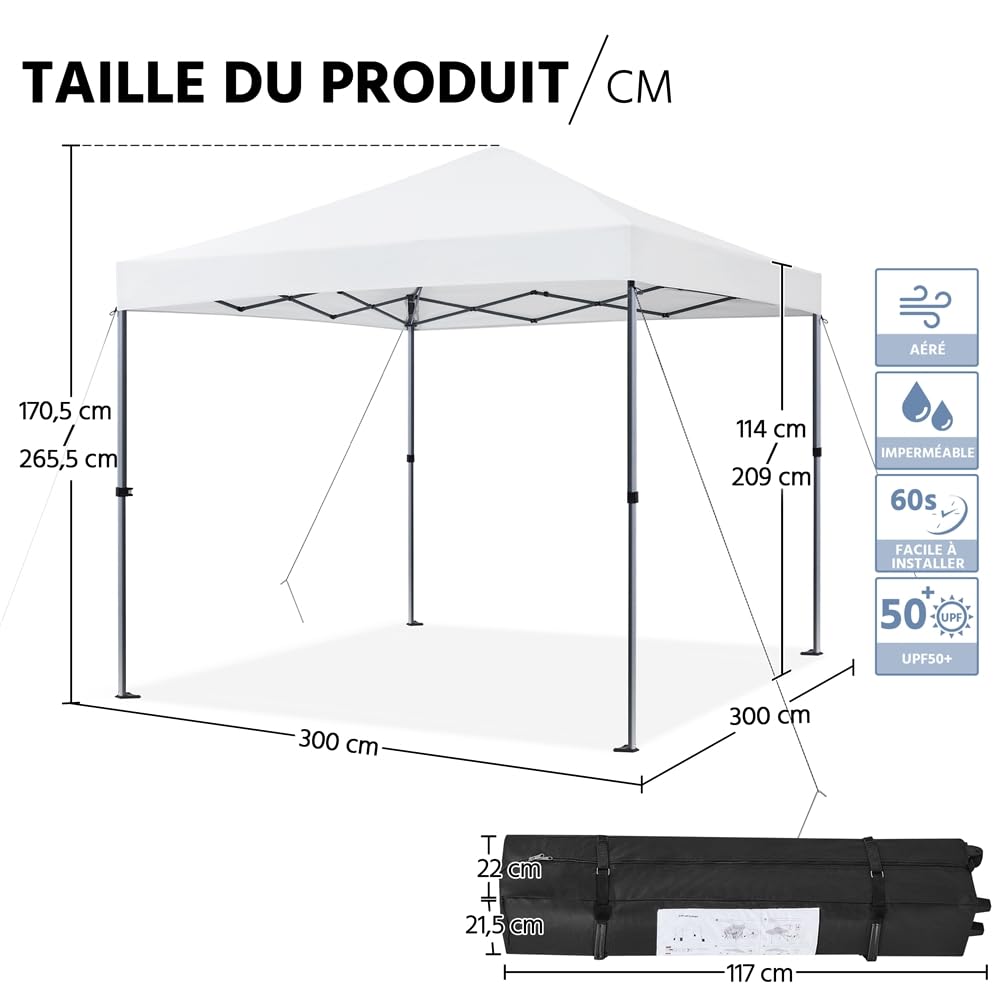 Yaheetech Tonnelle de Jardin Extérieur 3 × 3 M Pliable avec Sac de Transport pour Camping Plage Fête Blanc