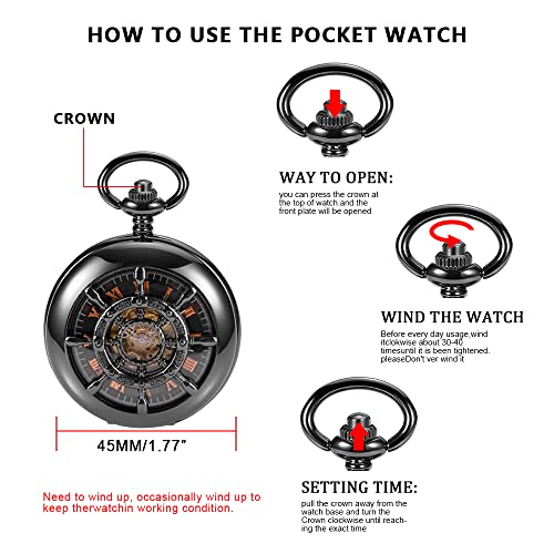 Image of Men's Mechanical Hollow Design Hand Wind Pocket Watch Roman Numerals Steampunk with Chain Box