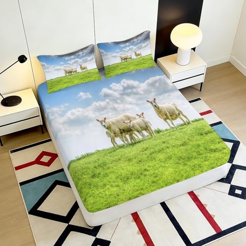 Drap-housse 140x200 cm microfibre imprimé moutons champêtres - 6