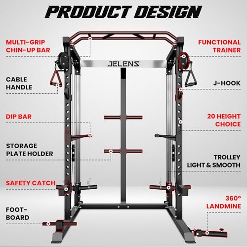 Image of JELENS C21 Power Cage, 2000LBS Multi-Function Power Rack with Independent Dual Pulley System, All-in-One Squat Rack for Cable Crossover, Home Gym Workout Machine