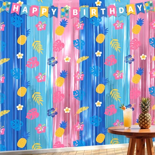 Image of Tiamon 2 Pack Cartoon Hawaiian Party Decorations 3.3 x 6.6 Ft Blue Pink Hawaiian Foil Fringe Curtains Wall Backdrop Tinsel Streamers Photo Booth for Tropical Luau Baby Shower Birthday Party Supplies