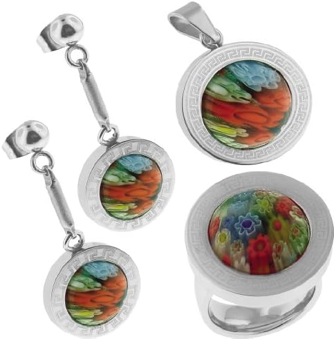 Murano Style Color Stainless Steel Set = Ring Earrings and Pendant - Ring Size # 7