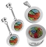 Murano Style Color Stainless Steel Set = Ring Earrings and Pendant - Ring Size # 7