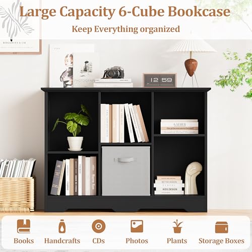Image of 6 Cube Storage Organizer Shelf, Wood Cubby Storage with 3 Fabric Drawers, 2 Tier Wooden Bookshelf with 2 Adjustable Shelves & Fluted Side Panels for Bedroom, Living Room, Home Office, Black