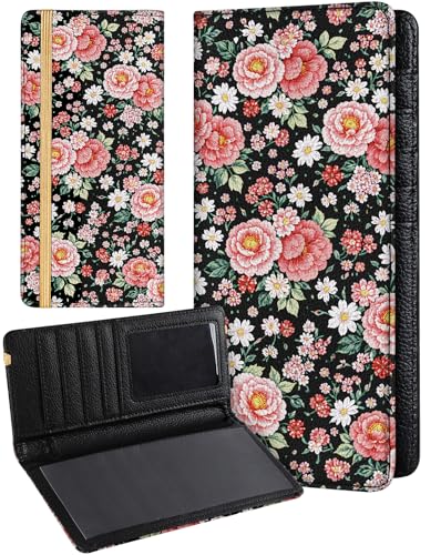 Image of Slohif Checkbook Cover for Personal Duplicate Checks - Women Check Cover Book Wallet Holder Pink Peony Faux Leather Top Side Tear