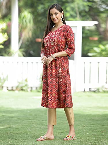 Image of Juniper Women's Rayon Festive Printed Flared Kurta for Women