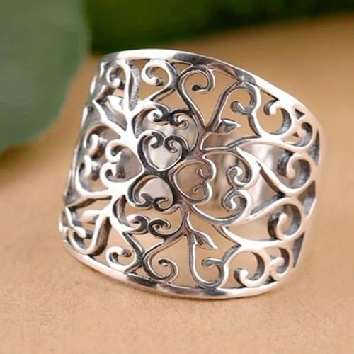 White Gold Plated Cubic Zirconia Boho Vintage Pattern Hollow Wide Statement Ring Personalized Accessory Ideal for Women's Daily Casual Wear Party Holiday Anniversary Love Jewelry Gift