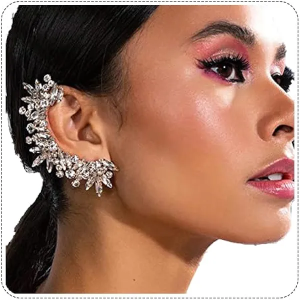 Rhinestone Silver Full Ear Cuff Earrings for Women Ear Clip Wrap Statement Climber Crawler Earrings for Women Hypoallergenic Silver Wedding Jewelry Gifts