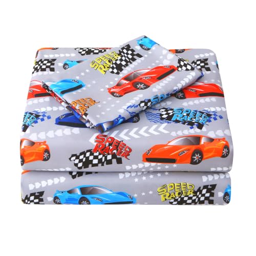 Image of Viviland 3 Pieces Boys Race Twin Sheet Set - Soft Microfiber Fitted Flat Sheets & Pillowcase Bed Sheet Set - Grey Race Print Bedding Sets for Kids