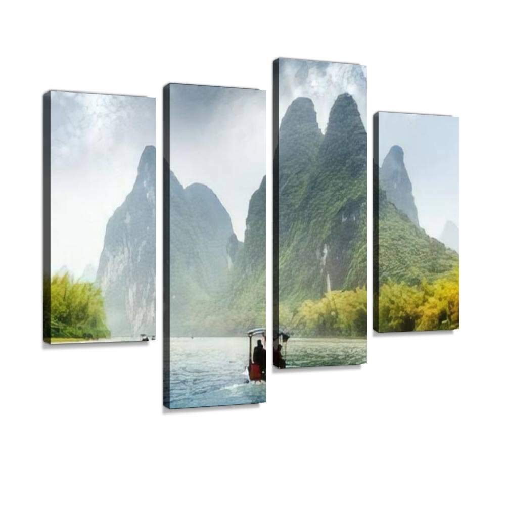Beautiful Yu Long river Karst mountain landscape in Yangshuo Guilin, Canvas Print Artwork Wall Art Pictures Framed Digital Print Abstract Painting Room Home Office Decor Ready to Hang 4 Panel