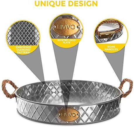 LIVIVO Galvanised Metal Serving Tray Dish with Twisted Jute Rope Handles  Diamond Embossed Raised Sides Edges  Ideal for Serving Garden Party Drinks & Snacks Or Beautiful Display Decorative Piece