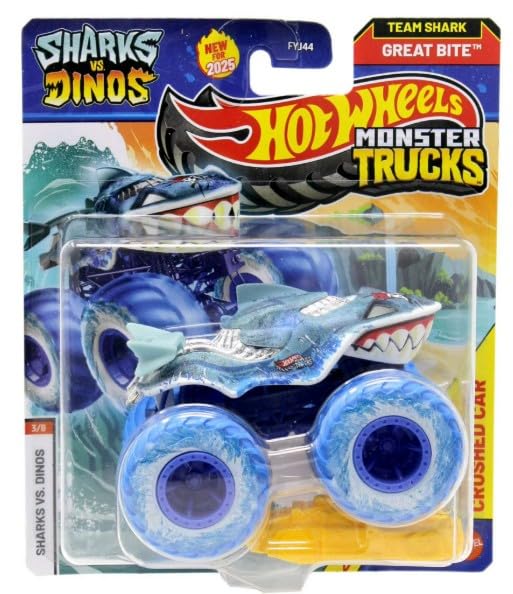 Image of Hot Wheels Monster Trucks Sharks vs Dinos, 1:64 Scale Die-Cast Vehicle Collection, 2025 Edition (3 /8 Blue Wheels Great Bite)